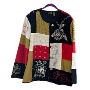 Patchwork Floral Jacket 2X Red Quilted Embroidery Festive Holiday Chic Colorful